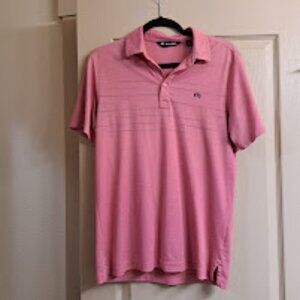 Travis Mathew The Heater Golf Polo shirt in rust red color with stripes on chest